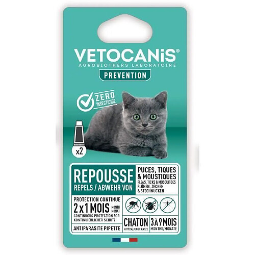 VETOCANIS 2 Pipettes anti-puces et anti-tiques - Pour Chaton - 2x 1 mois de protection