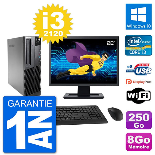 PC Lenovo M92p SFF Ecran 22" Intel i3-2120 RAM 8Go Disque 250Go Windows 10 Wifi · Occasion