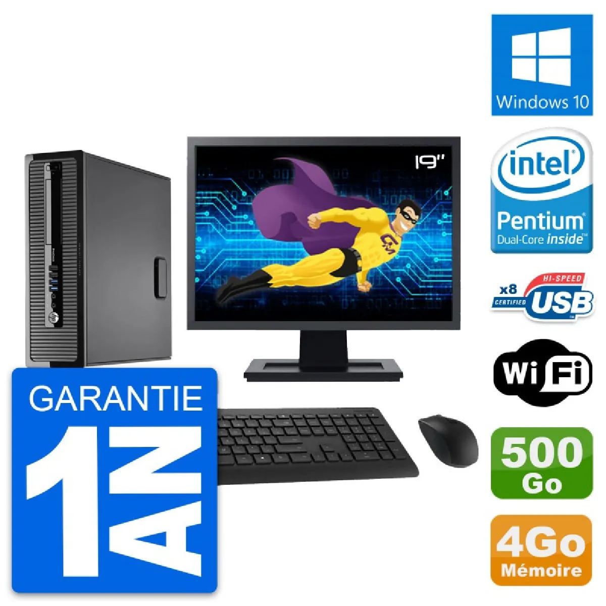 PC HP 400 G1 SFF Ecran 19" Intel G3220 RAM 4Go Disque 500Go Windows 10 Wifi · Occasion