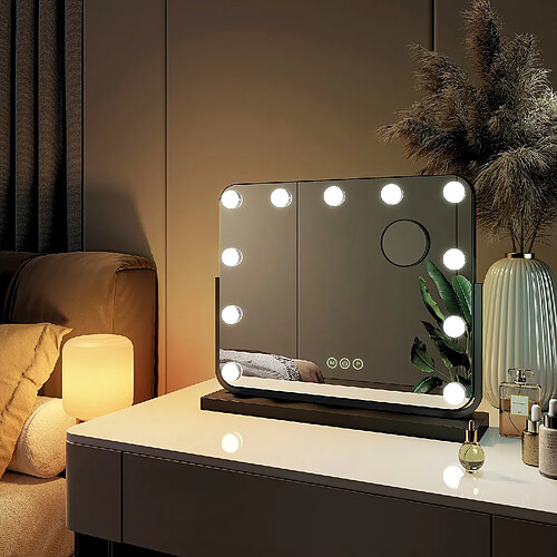 EMKE Miroir de maquillage Hollywood Miroir grossissant avec Ampoules LED Interrupteur tactile 3 couleurs dimmable Rotation à 360° - Cadre Noir 47 x 38 cm