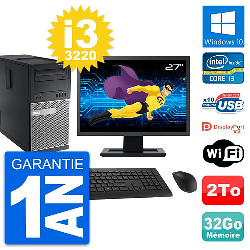 PC Tour Dell 9010 Ecran 27" Intel i3-3220 RAM 32Go Disque 2To Windows 10 Wifi · Occasion