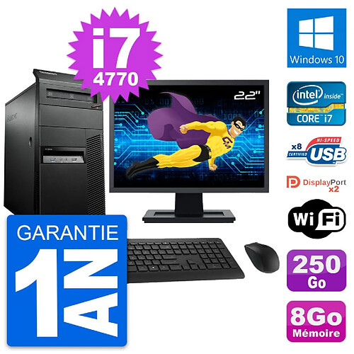 PC Tour Lenovo M93p Ecran 22" Intel i7-4770 RAM 8Go Disque 250Go Windows 10 Wifi · Occasion