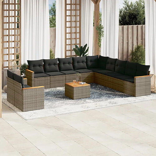 vidaXL Salon de jardin avec coussins 12 pcs gris résine tressée