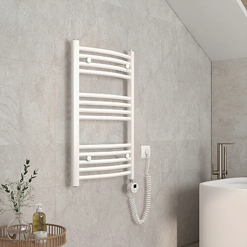 EMKE Sèche-Serviettes Électrique avec Élément Chauffant Thermostat, Chauffe Serviettes à Température Constante de la Salle de Bain, Baguette Chauffante avec Minuterie, 75x50cm, 300W, Blanc