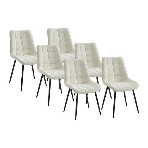 Vente-Unique Lot de 6 chaises matelassées en tissu bouclette et métal noir - Blanc - OLLUA