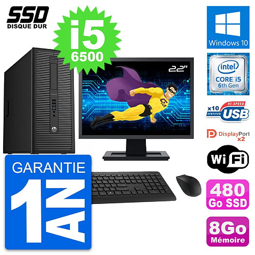 PC Tour HP EliteDesk 800 G2 Ecran 22" i5-6500 RAM 8Go SSD 480Go Windows 10 Wifi · Occasion