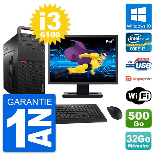 PC Tour Lenovo M700 Ecran 19" Core i3-6100 RAM 32Go Disque 500Go Windows 10 Wifi · Occasion