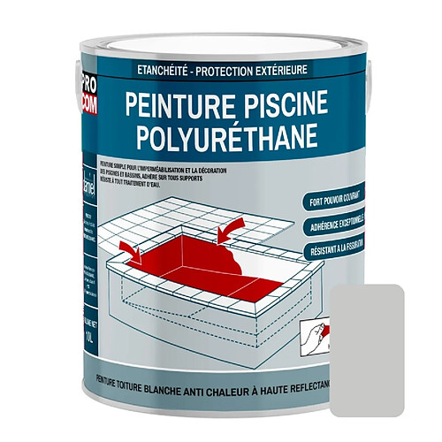 PRO COM Peinture piscine béton, peinture polyuréthane pour piscine et bassin, étanche et souple, béton, enduit, ciment PROCOM-2.5 litres-Gris clair (RAL 7047)