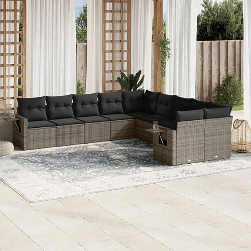 vidaXL Salon de jardin avec coussins 10 pcs gris résine tressée