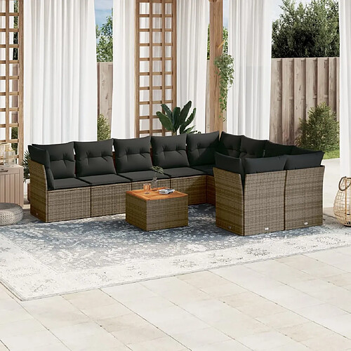 vidaXL Salon de jardin avec coussins 10 pcs gris résine tressée