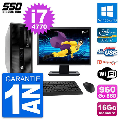 PC Tour HP EliteDesk 800 G1 Ecran 19" i7-4770 RAM 16Go SSD 960Go Windows 10 Wifi · Occasion