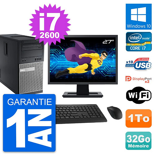 PC Tour Dell 9010 Ecran 27" Intel i7-2600 RAM 32Go Disque 1To Windows 10 Wifi · Occasion