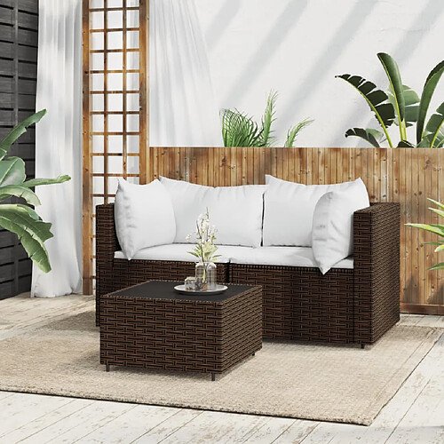 vidaXL Salon de jardin 3 pcs avec coussins marron résine tressée