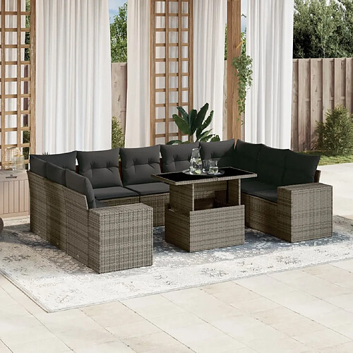 vidaXL Salon de jardin avec coussins 10 pcs gris résine tressée