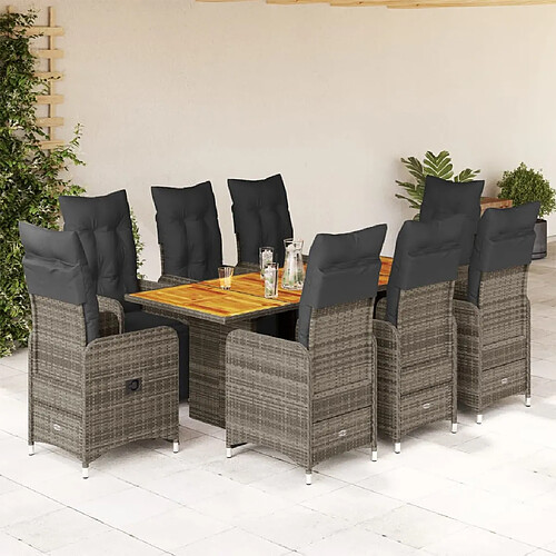 vidaXL Ensemble de bistro de jardin 9 pcs coussins gris poly rotin