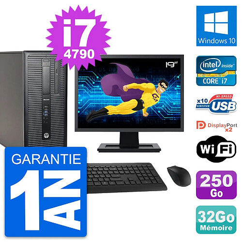 PC Tour HP 800 G1 Ecran 19" Intel i7-4790 RAM 32Go Disque 250Go Windows 10 Wifi · Occasion