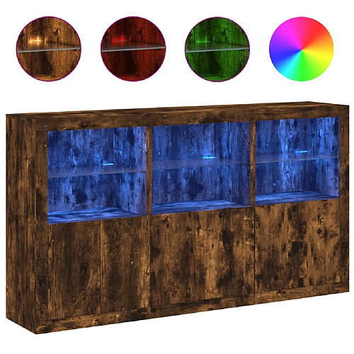 Maison Chic Commode Buffet - Meuble de rangement avec lumières LED chêne fumé 181,5x37x100 cm -GKD57339