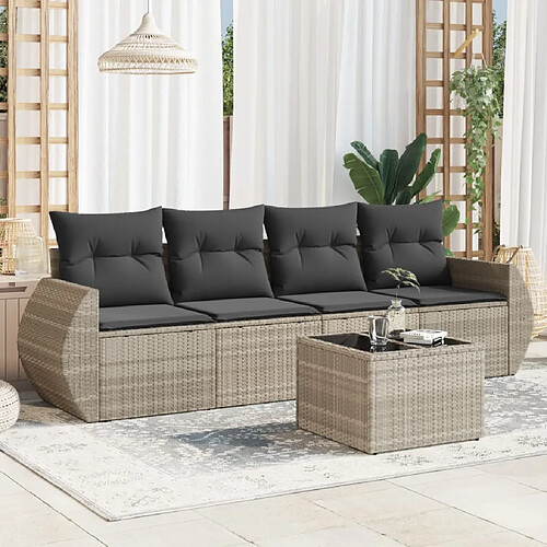 vidaXL Salon de jardin 5 pcs avec coussins gris clair résine tressée