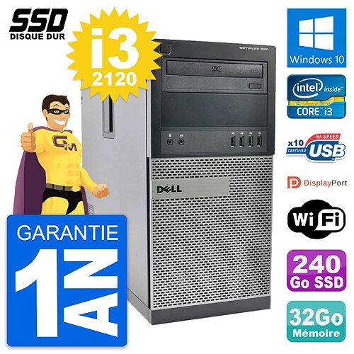 PC Tour Dell OptiPlex 990 Intel Core i3-2120 RAM 32Go SSD 240Go Windows 10 Wifi · Occasion