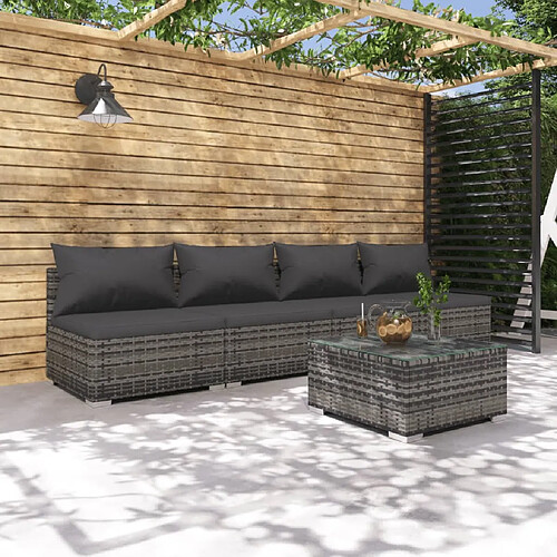 vidaXL Salon de jardin 5 pcs avec coussins résine tressée gris