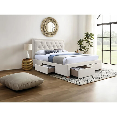 Vente-Unique Lit avec tiroirs 140 x 190 cm - Tissu - Beige + Matelas - LEOPOLD