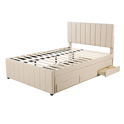 Sweiko Lit adulte 140x200 cm Lit rembourré avec lit gigogne et tiroirs de rangement lit double beige