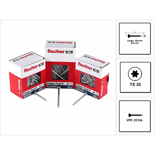 Fischer Power-Fast II FPF II Vis à bois aggloméré 6,0x100 mm, 25 pcs., tête ronde, empreinte Torx, filetage partiel, zingué et passivé bleu ( 670533 )