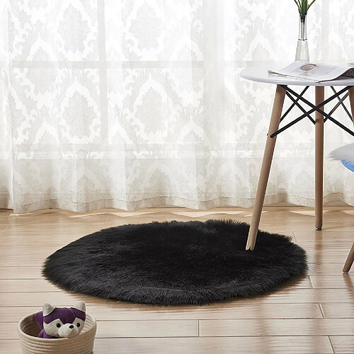 LUUCOZK Tapis moelleux en fausse fourrure, tapis à poils longs pour chambre à coucher et salon – Noir-80cmdiamètre