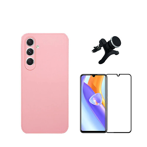 Kit de film en verre trempé de la couverture en 5D + boîtier en silicone liquide + porte-voiture renforcé Phonecare pour Samsung Galaxy A15 - rose