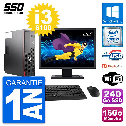 PC Fujitsu D556 DT Ecran 22" Intel i3-6100 RAM 16Go SSD 240Go Windows 10 Wifi · Occasion