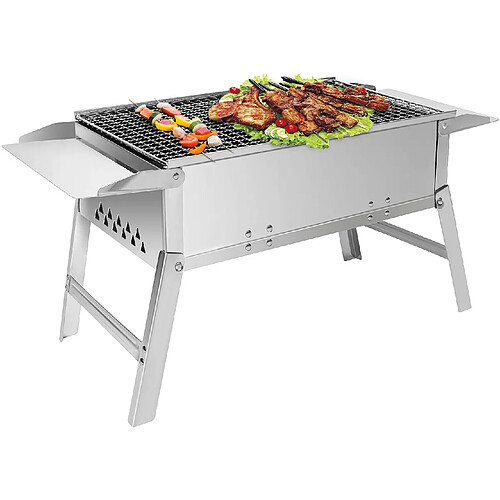 Euro Mega Barbecue Charbon de Bois Pliable en Acier Inoxydable pour 3-5 personnes Dimensions 55×26.5×32cm, Argent