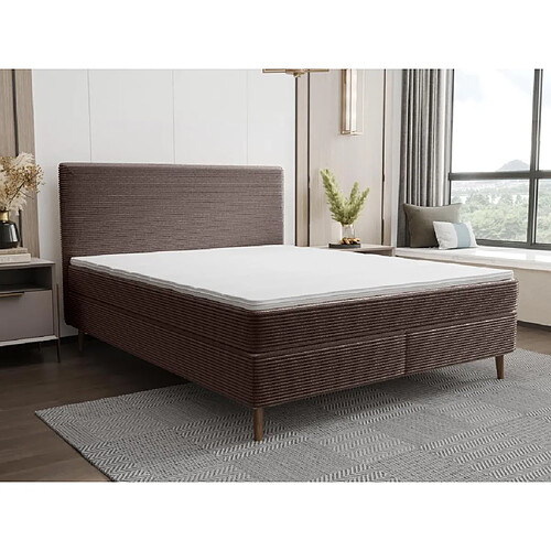 Vente-Unique Ensemble complet boxspring tête de lit + sommier + matelas + surmatelas - 160 x 200 cm - Velours côtelé - Marron - NARA de YSMÉE