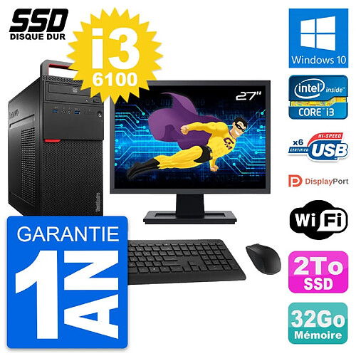 PC Tour Lenovo M700 Ecran 27" Intel i3-6100 RAM 32Go SSD 2To Windows 10 Wifi · Occasion