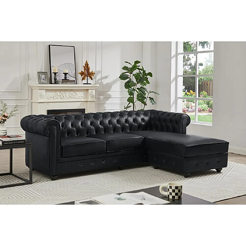 Vente-Unique Canapé d'angle droit chesterfield en cuir noir TOLEDO