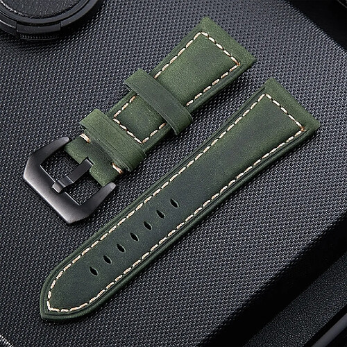 Wewoo Bracelet pour montre connectée de fou en cuir noir givré avec couchetaille 24 mm vert armée