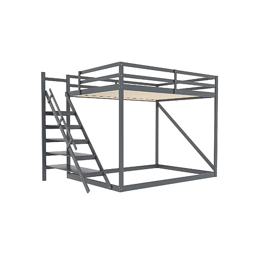 ComfortXL Lit Mezzanine 140x200cm En Bois Massif Avec Échelle De Sécurité Et Cadre à Lattes, Gris