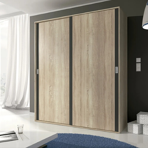 Pegane Armoire, placard garde-robe 2 portes coloris chêne cambrian, graphite - Longueur 180 x Profondeur 55 x Hauteur 208 cm