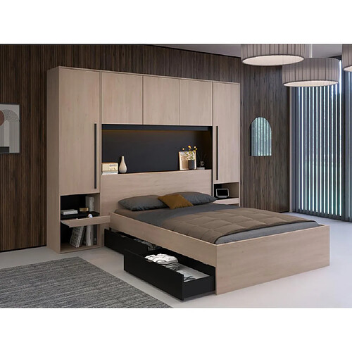 Vente-Unique Lit pont 140 x 190 cm avec rangements - Avec LEDs - Coloris : Naturel et noir + Sommier + Matelas - VELONA