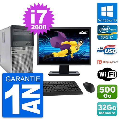 PC Tour Dell 990 Ecran 22" Intel i7-2600 RAM 32Go Disque 500Go Windows 10 Wifi · Occasion