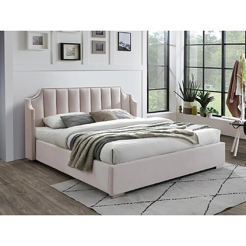 Vente-Unique Lit coffre 140 x 190 cm avec tête de lit incurvée - Velours - Rose + Matelas - TEOMIS