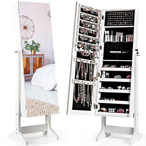 Helloshop26 Armoire à bijoux sur pied avec miroir inclinable serrure doublure et divers espaces de rangement 41 x 36,5 x 146 cm blanc 20_0001693