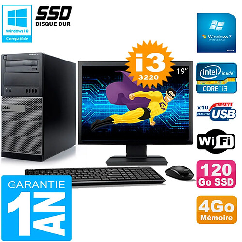 PC Tour DELL 7010 Ecran 19" Core I3-3220 RAM 4Go Disque 120 Go SSD Wifi W7 · Occasion