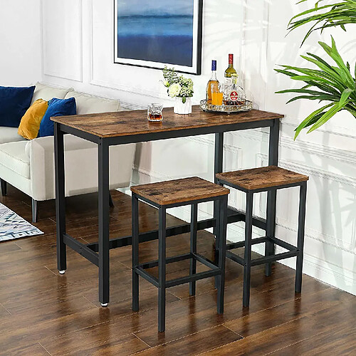 VASAGLE ALINRU Lot Table et Chaises de Bar, Table Haute avec 2 Tabourets de Style Industriel, pour Cuisine, Salle à Manger, Salon, Noir et Marron Rustique LBT15X