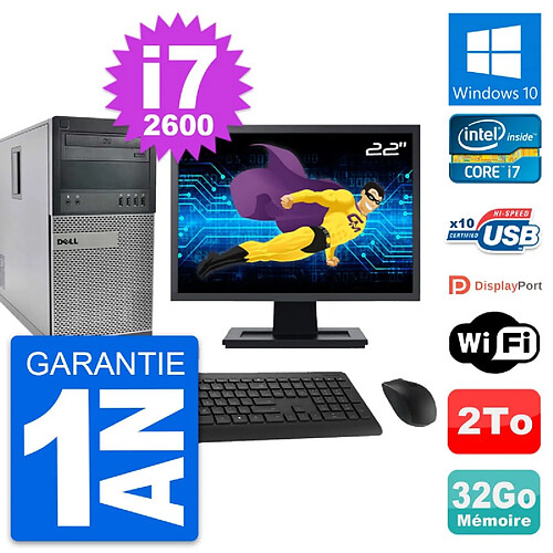 PC Tour Dell 990 Ecran 22" Intel i7-2600 RAM 32Go Disque Dur 2To Windows 10 Wifi · Occasion