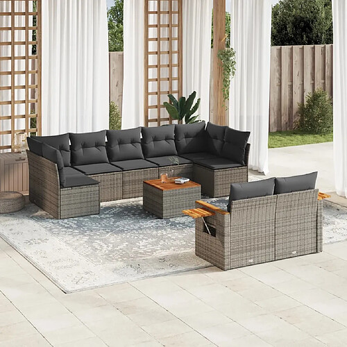 vidaXL Salon de jardin avec coussins 10 pcs gris résine tressée