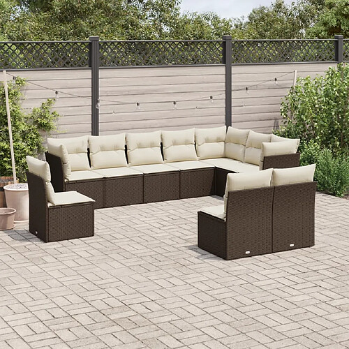 vidaXL Salon de jardin 10 pcs avec coussins marron résine tressée