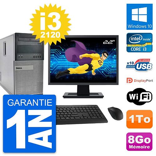 PC Tour Dell 990 Ecran 22" Intel i3-2120 RAM 8Go Disque Dur 1To Windows 10 Wifi · Occasion