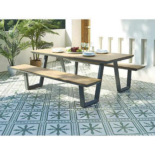 Vente-Unique Salle à manger de jardin en aluminium et polywood : table L.200 cm + 2 bancs - Anthracite et naturel clair - VLASTI de MYLIA