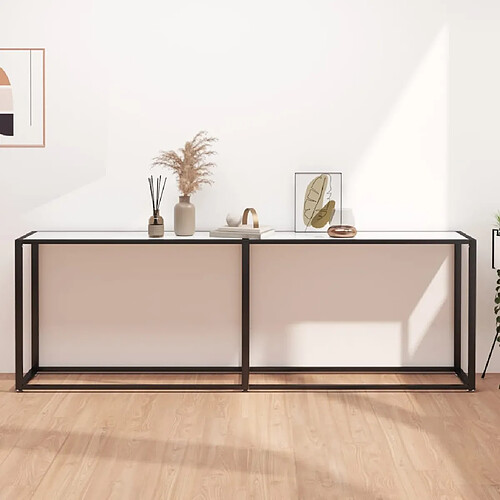 vidaXL Table console Marbre blanc 220x35x75,5 cm Verre trempé