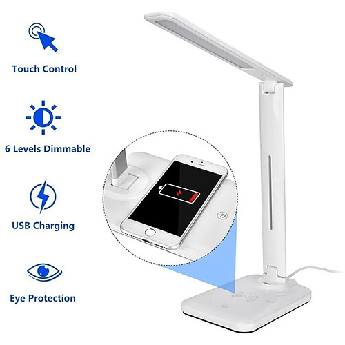 Universal USB pliable, chargeable, LED, table tactile, lampe de bureau, Qi sans fil, chargeur de téléphone, protection des yeux, lecture, apprentissage, lumière nocturne.(blanche)